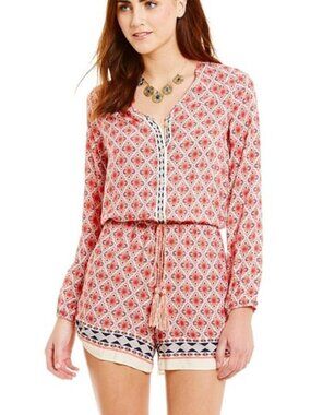 CHELSEA & VIOLET Coral Blue Geo Print Boho Shorts Romper XSmall Anthropologie
